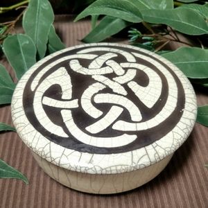 🔥 Raku Fired Celtic Knotwork Ceramic Lidded Trinket Box - Large, Handmade!